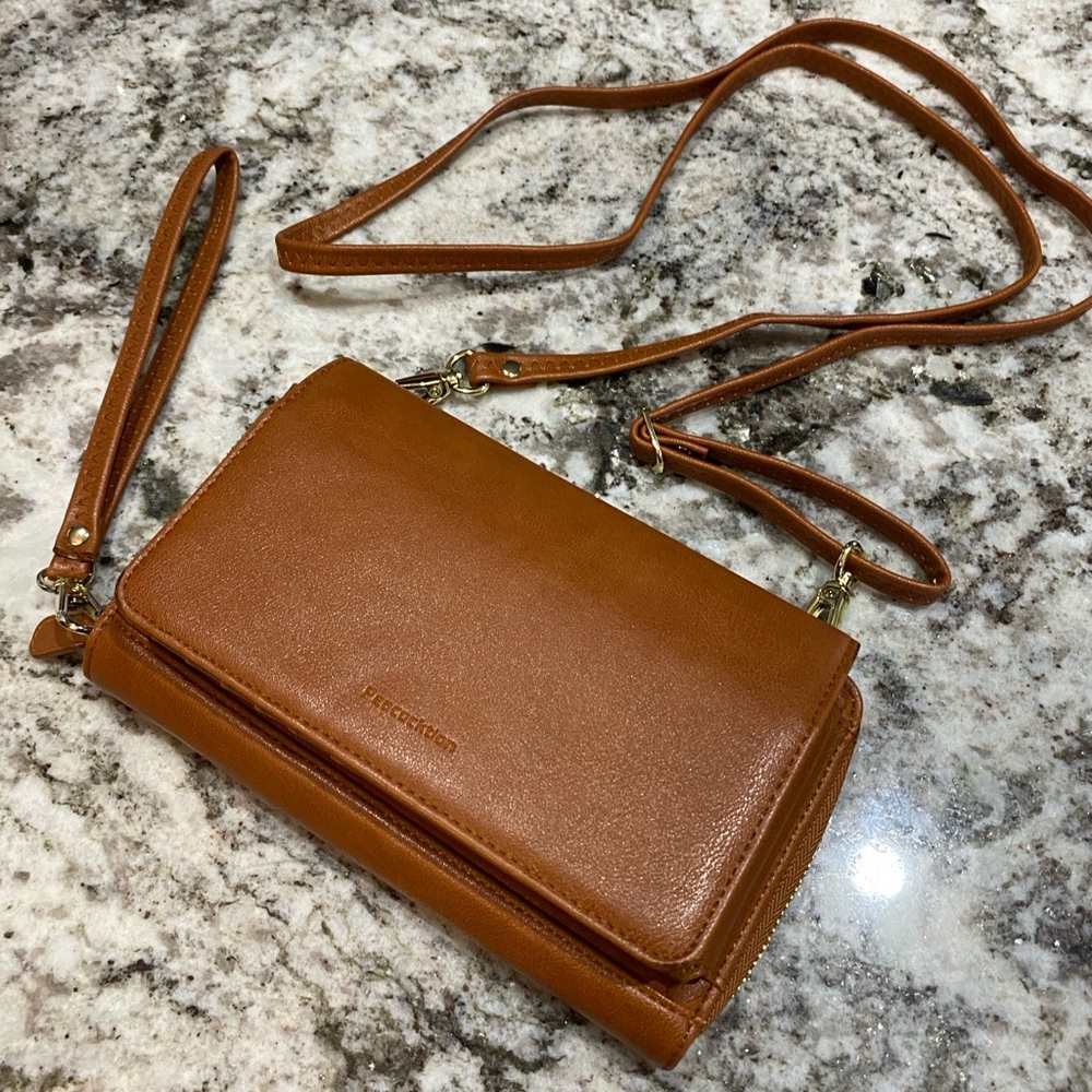 Camel crossbody/wristlet wallet